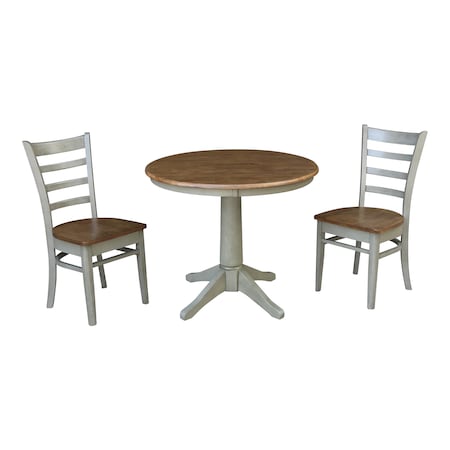 International Concepts Round 36 in Rd Top Pedestal Table, 2 Emily Chairs, Hickory/Stone, 36 in W, 36 in L, 29.9 in H, Wood K41-36RT-27B-C617P